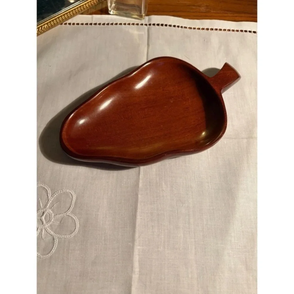 Vintage Haitian Mahogany Wood Leaf Dish - Hand Carved MCM Trinket Tray